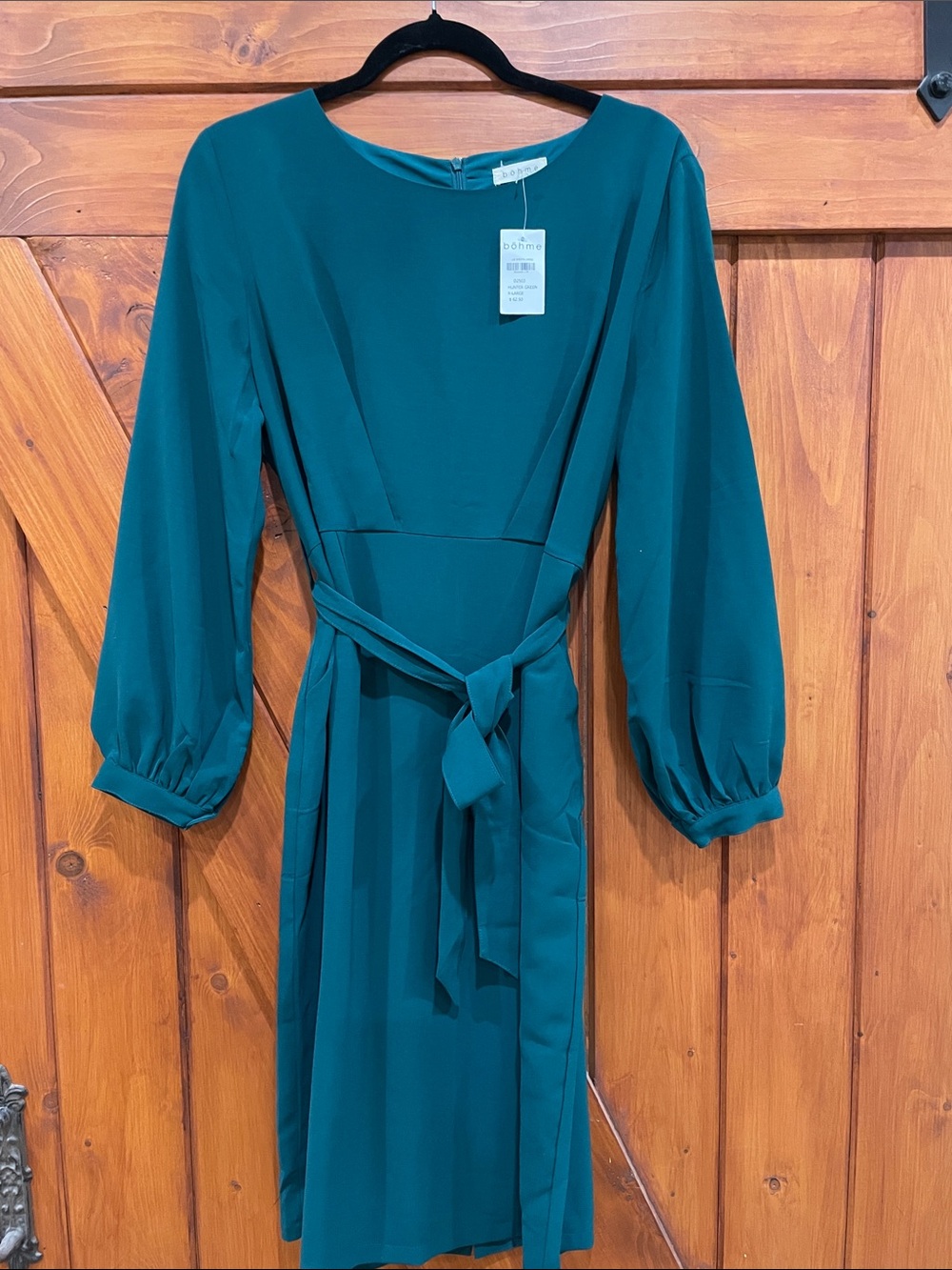 BOHME Hunter Green Belted Long-Sleeve Midi Dress W/Pockets Sz XL